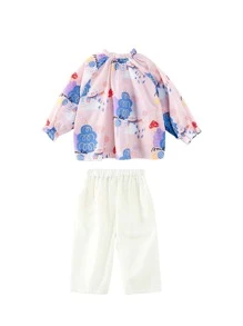 Niñitas 1 pieza conejo & con estampado de dibujos animados de manga raglán Top & 1 pieza Pantalones - Multicolor - Ver 2