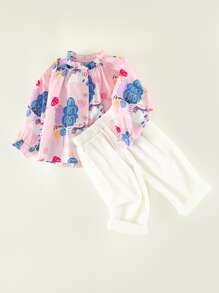 Niñitas 1 pieza conejo & con estampado de dibujos animados de manga raglán Top & 1 pieza Pantalones - Multicolor - Ver 5