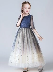 Toddler Girl's Princess Style Silver Gradient Mid-sleeve Elegant Long Dress Suitable For , Performance, Chorus, Party, Travel - Blue - View 1