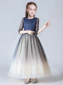 Toddler Girl's Princess Style Silver Gradient Mid-sleeve Elegant Long Dress Suitable For , Performance, Chorus, Party, Travel - Blue - View 2