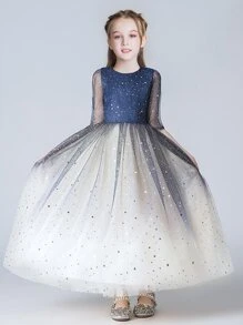 Toddler Girl's Princess Style Silver Gradient Mid-sleeve Elegant Long Dress Suitable For , Performance, Chorus, Party, Travel - Blue - View 3