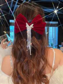 1pc Velvet Bowknot & Rhinestone & Tassel Decor Hair Clip Suitable For Everyday Life And Attending Events - Multicolor - View 2