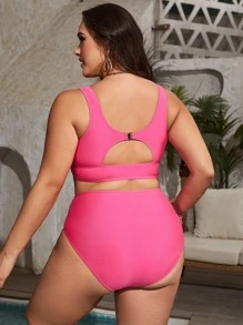 Plus Size Color Block Knot Front Ruched Bikini Set Summer Beach - Pink - View 2