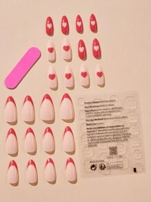 提升你風格帶24入組長款杏仁紅色法語愛心圖案假指甲和1入組指甲銼和1張膠帶適合女士和女孩 - 彩色 - 查看 2