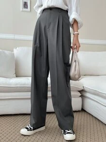 DAZY Fold Pleated Slant Pocket Suit Trousers - Dark Grey - View 1