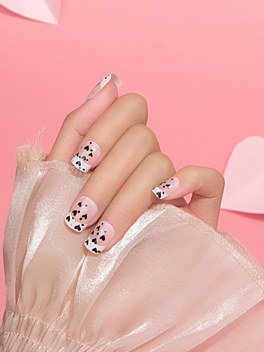 prettysecrets 24pcs Short Square Heart Print Fake Nail & 1pc Nail File & 1sheet Tape - Multicolor - View 1