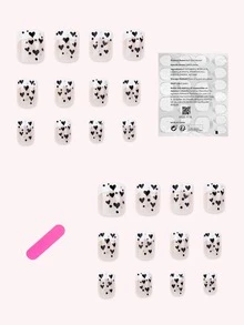 prettysecrets 24pcs Short Square Heart Print Fake Nail & 1pc Nail File & 1sheet Tape - Multicolor - View 2
