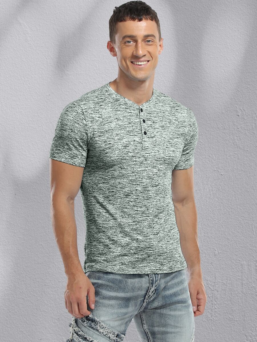 NITAGUT 男士雜色針織半排扣T恤 - 墨綠色 - 查看 1