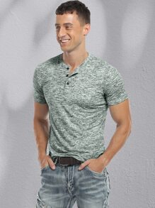 NITAGUT 男士雜色針織半排扣T恤 - 墨綠色 - 查看 3