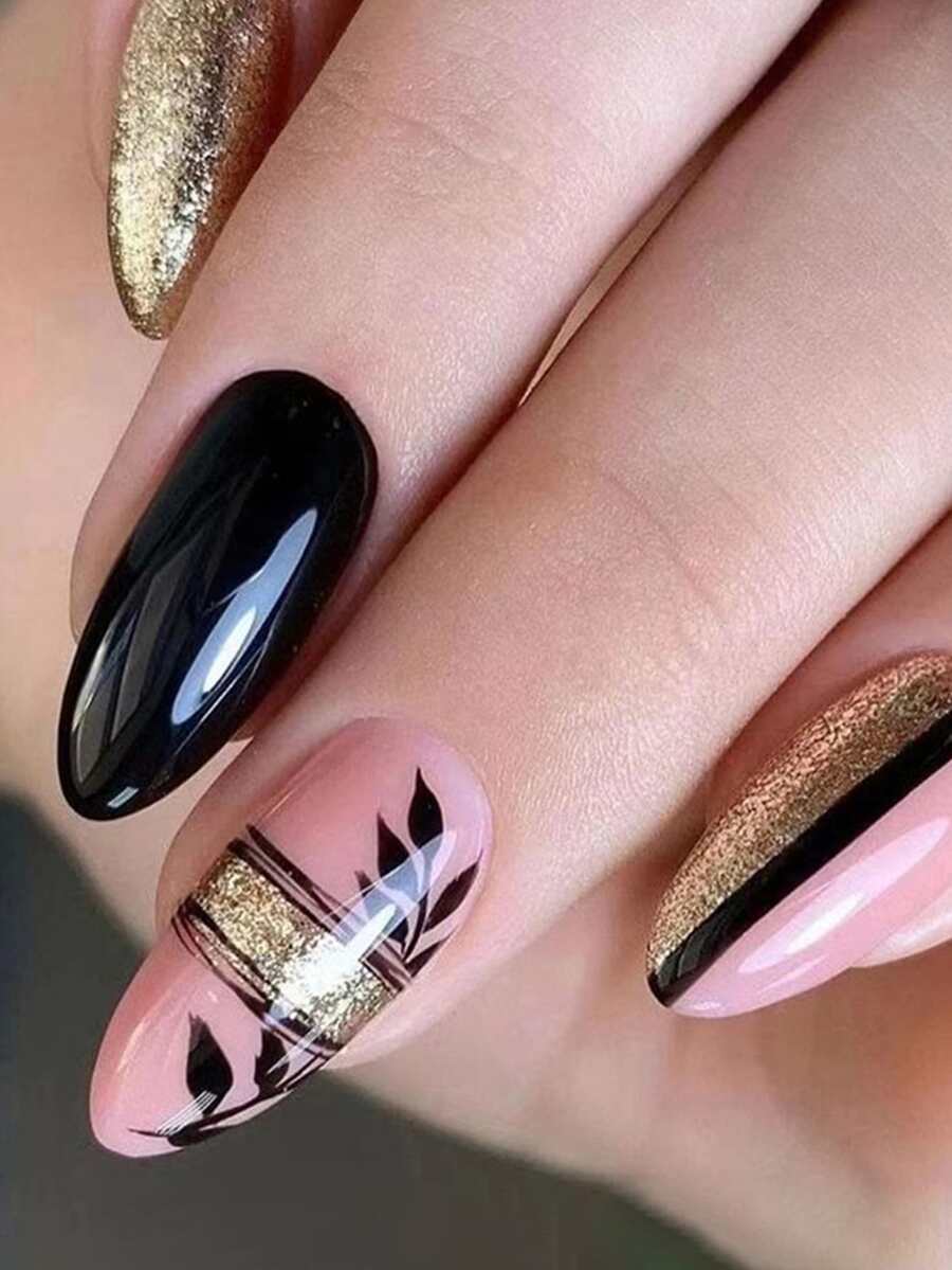 用24片长杏仁叶金粉假指甲、1个指甲锉和1张美甲胶带，瞬间提升您的美甲造型，专为女性和女孩设计。 - 彩色 - 查看 1