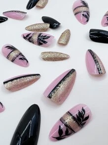 用24片长杏仁叶金粉假指甲、1个指甲锉和1张美甲胶带，瞬间提升您的美甲造型，专为女性和女孩设计。 - 彩色 - 查看 5