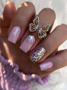 Upgrade Your Look with 24pcs Short Square Pink Glitter Detail Rhinestone Sequins Fake Nail & 1pc Nail File & 1sheet Tape - Multicolor - View 1