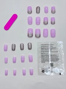 Upgrade Your Look with 24pcs Short Square Pink Glitter Detail Rhinestone Sequins Fake Nail & 1pc Nail File & 1sheet Tape - Multicolor - View 2