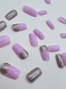 Upgrade Your Look with 24pcs Short Square Pink Glitter Detail Rhinestone Sequins Fake Nail & 1pc Nail File & 1sheet Tape - Multicolor - View 3