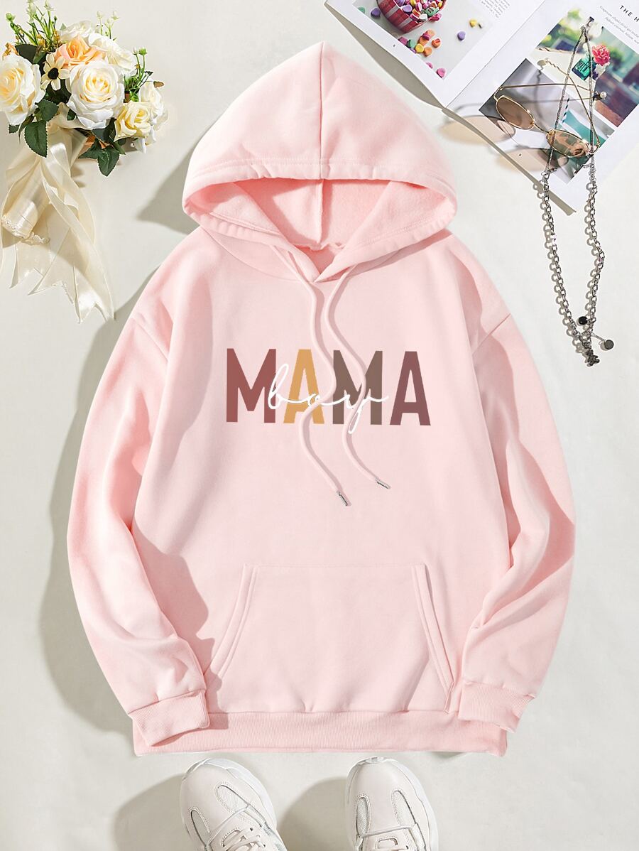 SHEIN EZwear Letter Graphic Kangaroo Pocket Drawstring Thermal Hoodie - Pink - View 1