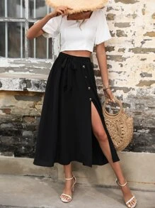 SHEIN VCAY 紐扣細節高衩前打結半身裙 - 黑色 - 查看 3