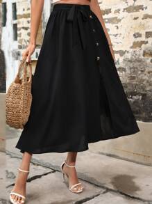 SHEIN VCAY 紐扣細節高衩前打結半身裙 - 黑色 - 查看 1