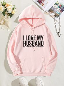 SHEIN EZwear Slogan Graphic Kangaroo Pocket Drawstring Thermal Hoodie - Baby Pink - View 1