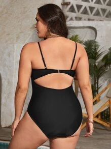 Plus Tie Front Ruched Bust One Piece Swimsuit For Summer Beach Vacation - Black - View 2