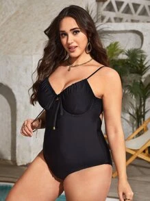 Plus Tie Front Ruched Bust One Piece Swimsuit For Summer Beach Vacation - Black - View 3
