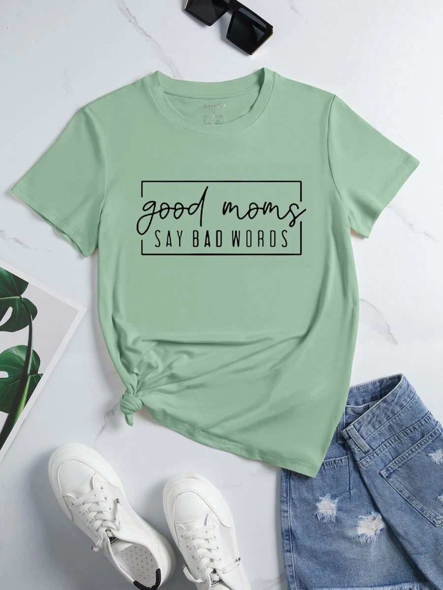 SHEIN Essnce Áo thun nữ Slogan Giải trí - Màu xanh Bạc hà - Xem 1