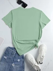 SHEIN EZwear Camiseta con estampado de slogan de cuello redondo - verde menta - Ver 2