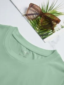 SHEIN EZwear Camiseta con estampado de slogan de cuello redondo - verde menta - Ver 4