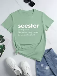 SHEIN EZwear Camiseta con estampado de slogan de cuello redondo - verde menta - Ver 1