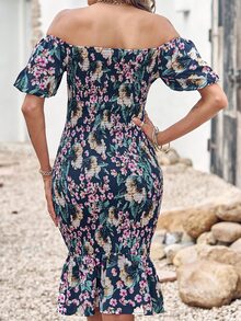 BTFBM 印花一字肩魚尾裙下擺連衣裙 - 彩色 - 查看 2