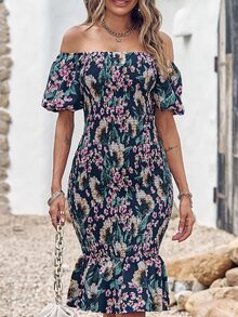 BTFBM 印花一字肩魚尾裙下擺連衣裙 - 彩色 - 查看 3