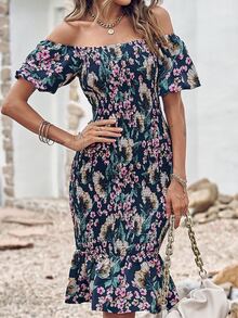 BTFBM 印花一字肩魚尾裙下擺連衣裙 - 彩色 - 查看 5