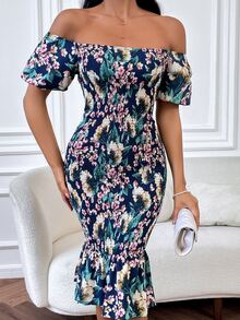 BTFBM 印花一字肩魚尾裙下擺連衣裙 - 彩色 - 查看 6