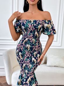 BTFBM 印花一字肩魚尾裙下擺連衣裙 - 彩色 - 查看 7