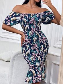 BTFBM 印花一字肩魚尾裙下擺連衣裙 - 彩色 - 查看 8