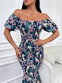 BTFBM 印花一字肩魚尾裙下擺連衣裙 - 彩色 - 查看 9