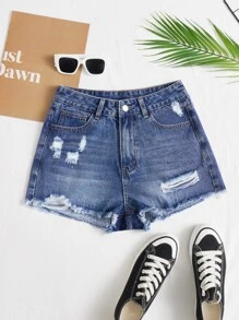 SHEIN EZwear 破洞毛邊牛仔短褲 - 深色水洗藍 - 查看 1