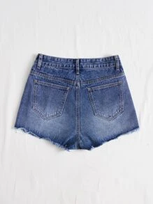 SHEIN EZwear 破洞毛邊牛仔短褲 - 深色水洗藍 - 查看 2