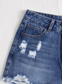 SHEIN EZwear 破洞毛邊牛仔短褲 - 深色水洗藍 - 查看 5