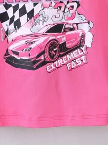 SHEIN Cô Gái Trẻ Hoa hồng Đỏ  In xe hơi và chữ cái Giải trí Đơn giản Mát mẻ Áo thun Cho mùa hè - Màu Hồng Tươi - Xem 4