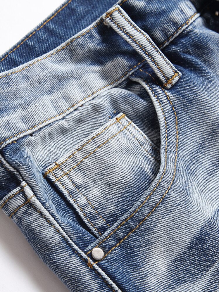 男式休闲破洞修身洗水牛仔裤 - 中等水洗藍 - 查看 5