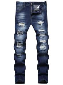 Men Ripped Frayed Cat Scratch Skinny Jeans - Dark Wash - View 1