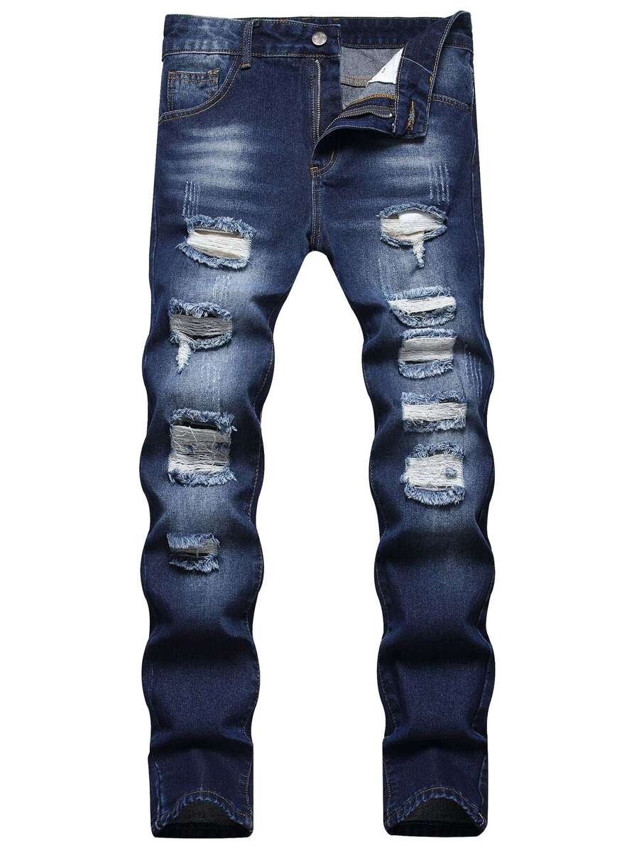 Men Ripped Frayed Cat Scratch Skinny Jeans - Dark Wash - View 1