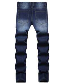 Men Ripped Frayed Cat Scratch Skinny Jeans - Dark Wash - View 2