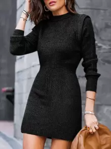 BTFBM Mock Neck Ribbed Bodycon Jumper Dress - Black - View 1
