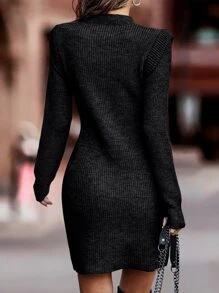 BTFBM Mock Neck Ribbed Bodycon Jumper Dress - Black - View 2