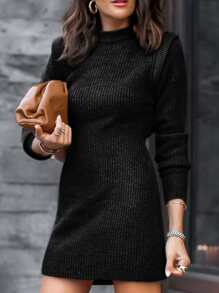 BTFBM Mock Neck Ribbed Bodycon Jumper Dress - Black - View 3