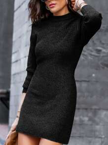 BTFBM Mock Neck Ribbed Bodycon Jumper Dress - Black - View 4