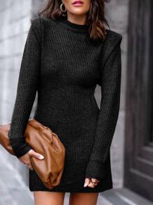 BTFBM Mock Neck Ribbed Bodycon Jumper Dress - Black - View 5