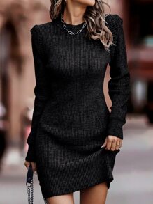 BTFBM Mock Neck Ribbed Bodycon Jumper Dress - Black - View 6