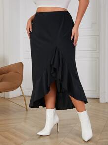 Eilly Bazar Váy Plus Size Bất đối xứng Viên lá sen màu trơn Thanh lịch - màu đen - Xem 1